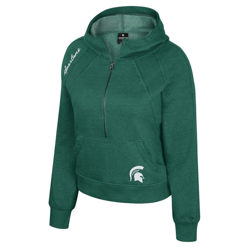 Green hooded zip-up sweatshirt with a kangaroo pocket. 'Spartans' is written in white cursive on the left shoulder, and a white Spartan helmet logo appears on the lower right side of the pocket.