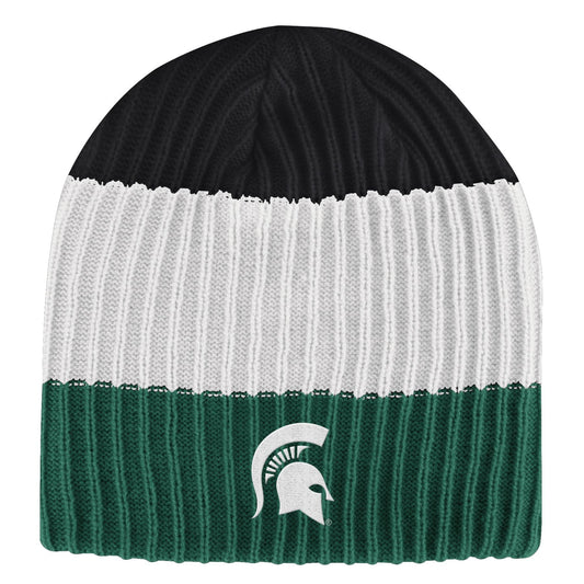 Knitted beanie hat with three horizontal color sections—black on top, white in the middle, and green at the bottom. The green section displays a white Spartan helmet logo.