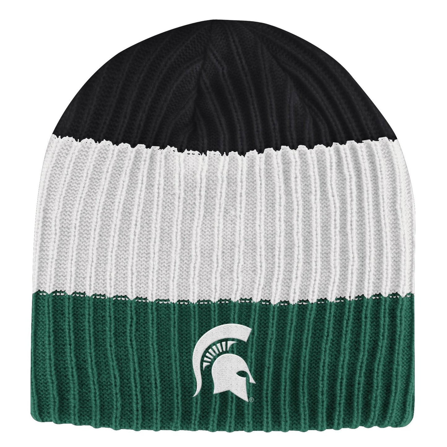Knitted beanie hat with three horizontal color sections—black on top, white in the middle, and green at the bottom. The green section displays a white Spartan helmet logo.