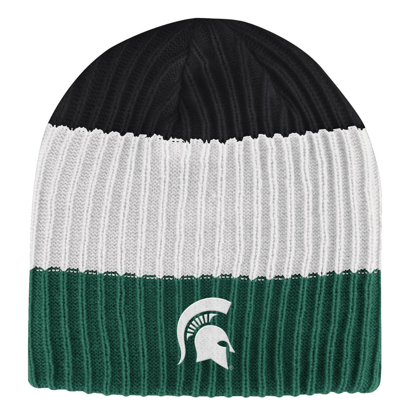 Knitted beanie hat with three horizontal color sections—black on top, white in the middle, and green at the bottom. The green section displays a white Spartan helmet logo.