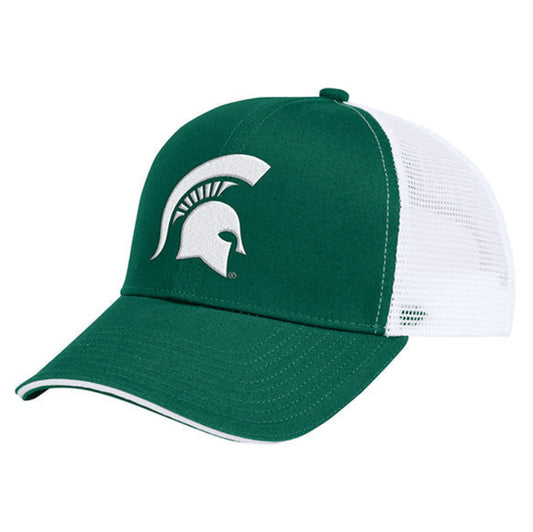An MSU adjustable snapback cap with a mesh back panel and a screen printed Spartan Helmet logo on the front.