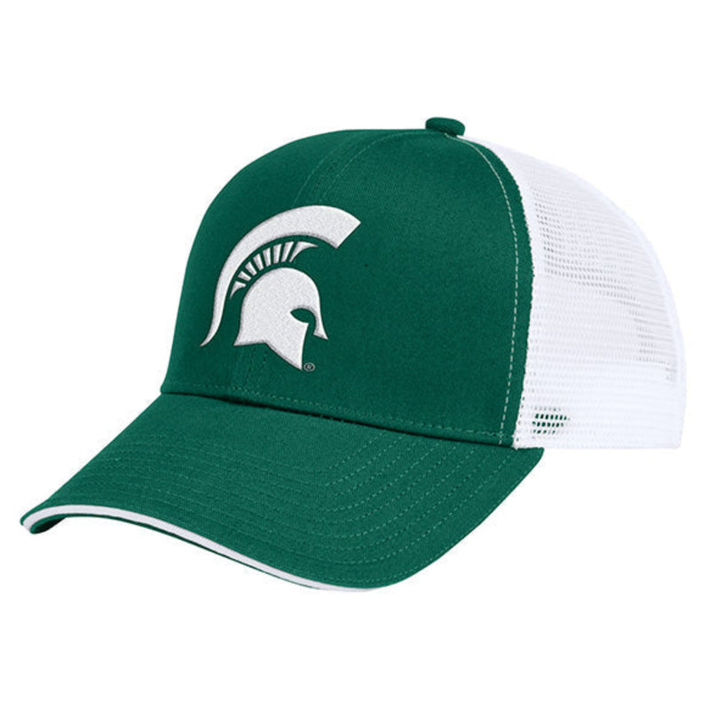 An MSU adjustable snapback cap with a mesh back panel and a screen printed Spartan Helmet logo on the front.