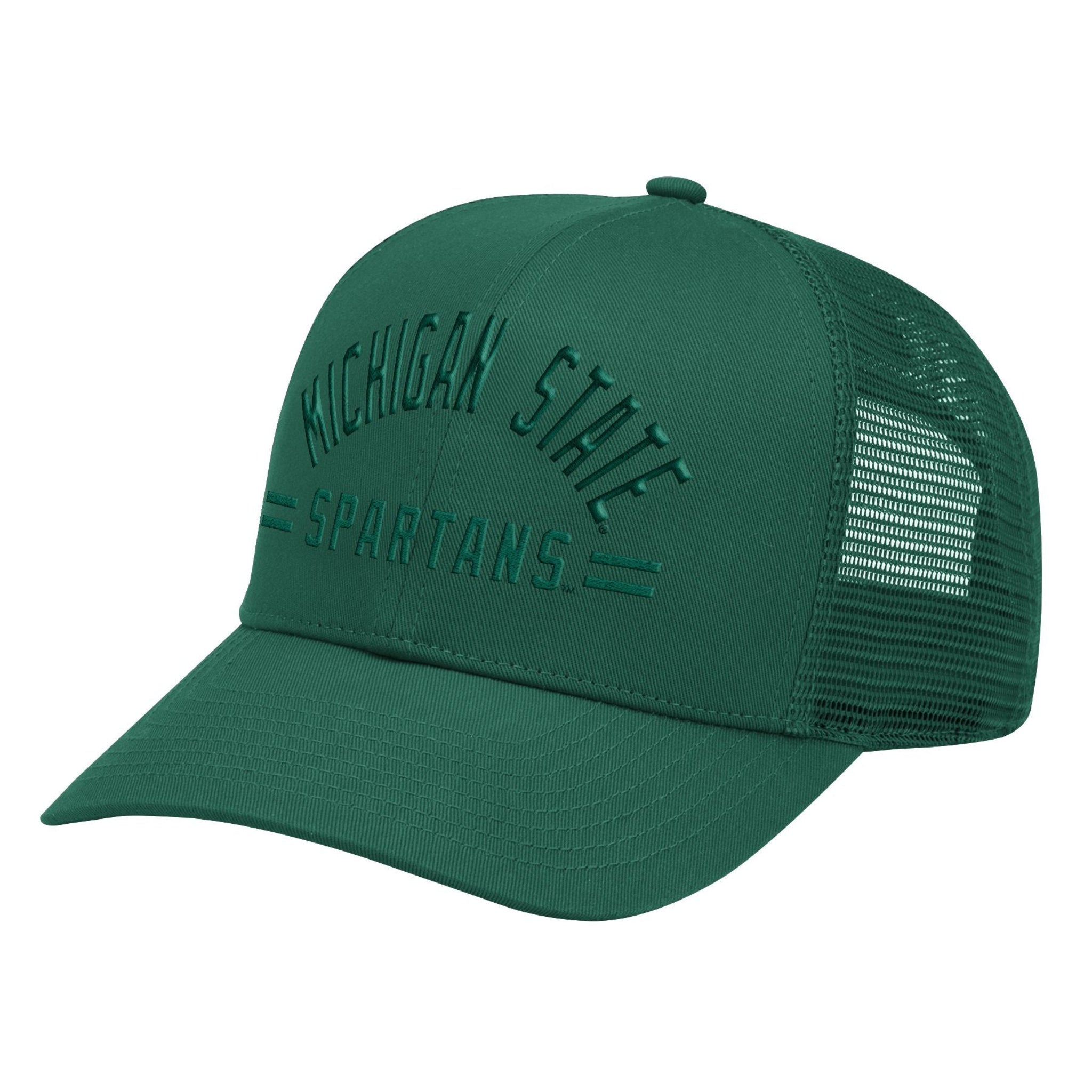 Green baseball cap with 'MICHIGAN STATE SPARTANS' embroidered on the front, featuring a mesh back and adjustable strap