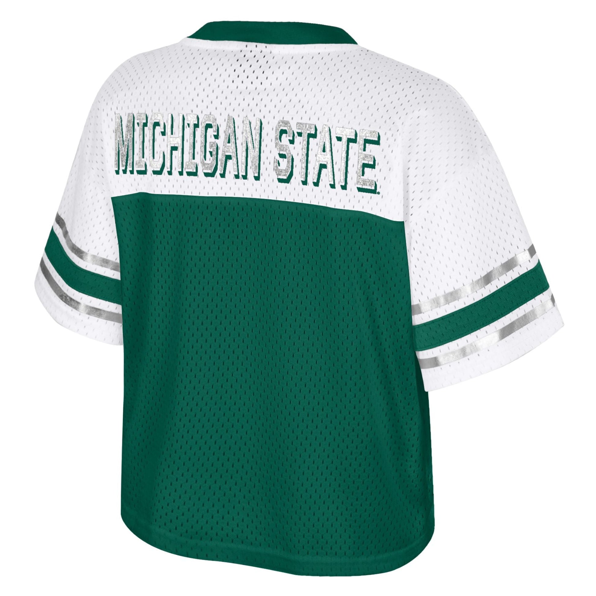 Back view of a green sports jersey with white sleeves and a white upper back section, featuring 'MICHIGAN STATE' text across the upper back and two green stripes bordered by silver lines on each sleeve.