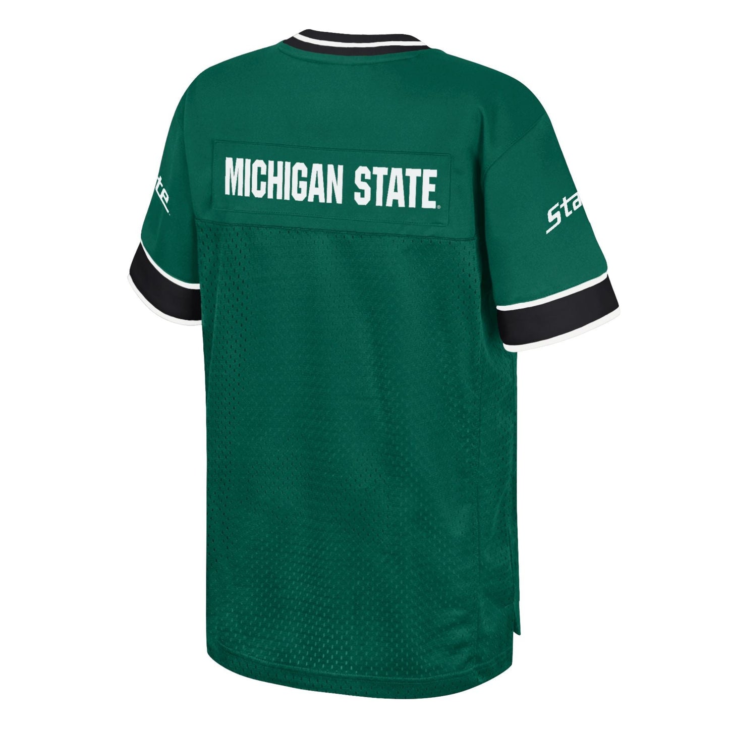 Back view of a green sports jersey with 'MICHIGAN STATE' in white capital letters across the upper back, black and white striped sleeves, and 'State' written on the left sleeve.