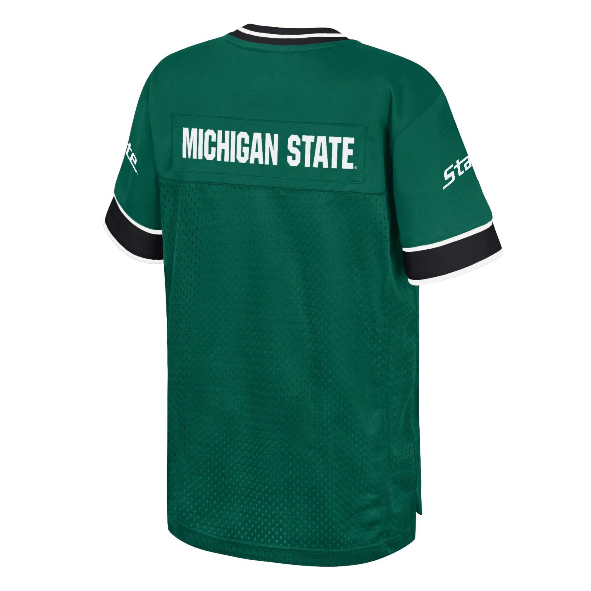 Back view of a green sports jersey with 'MICHIGAN STATE' in white capital letters across the upper back, black and white striped sleeves, and 'State' written on the left sleeve.