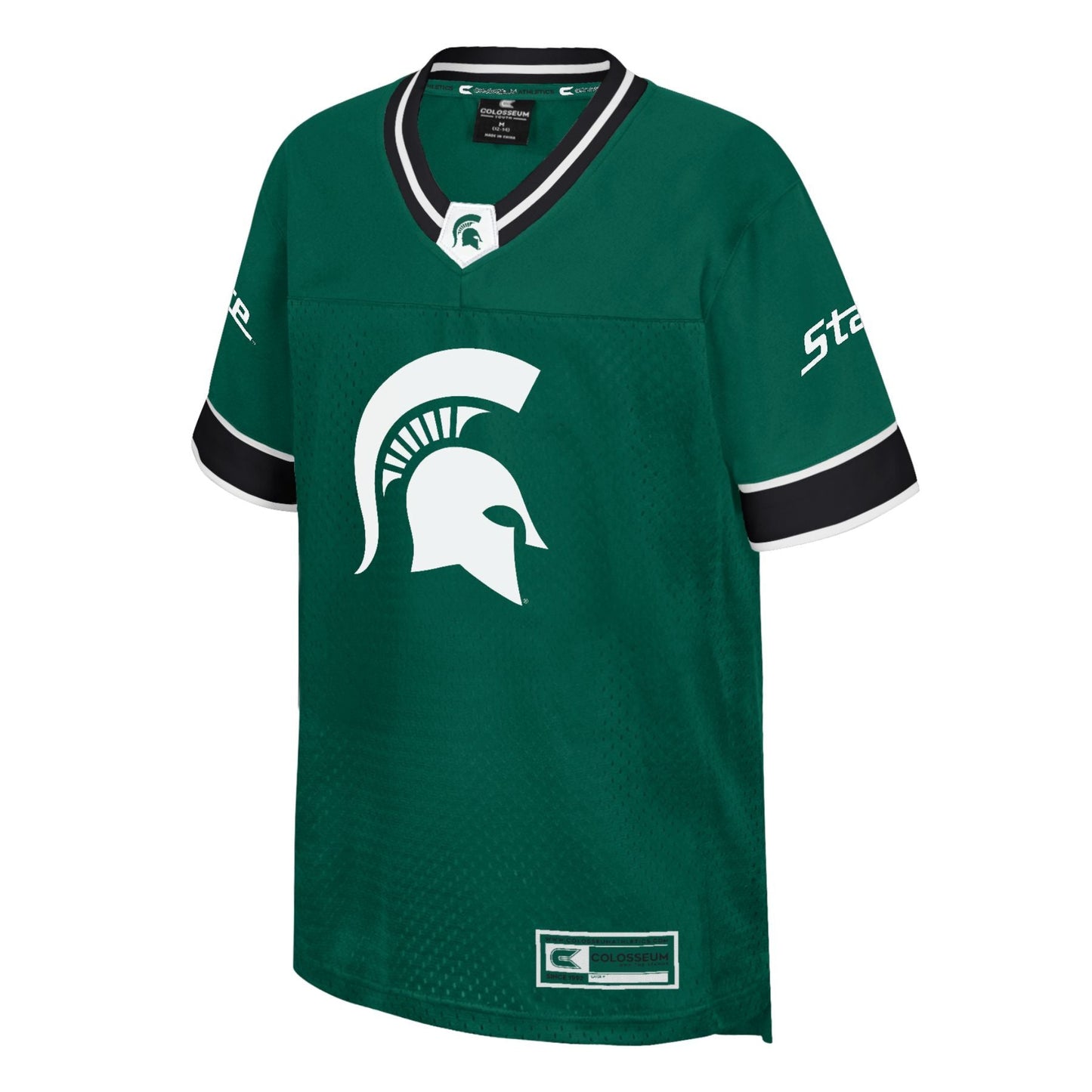 Green sports jersey with black and white accents, featuring a large white Spartan helmet logo on the front, 'State' written in white on the sleeves.