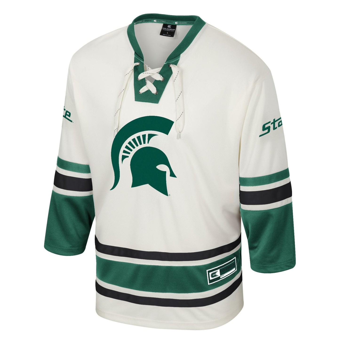 Off white hockey jersey with green and black accents, featuring a green Spartan helmet logo on the front, green 'State' text on both sleeves, striped sleeves,  and  lace-up collar.