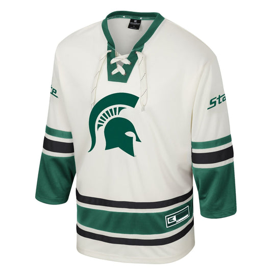 Off white hockey jersey with green and black accents, featuring a green Spartan helmet logo on the front, green 'State' text on both sleeves, striped sleeves,  and  lace-up collar.