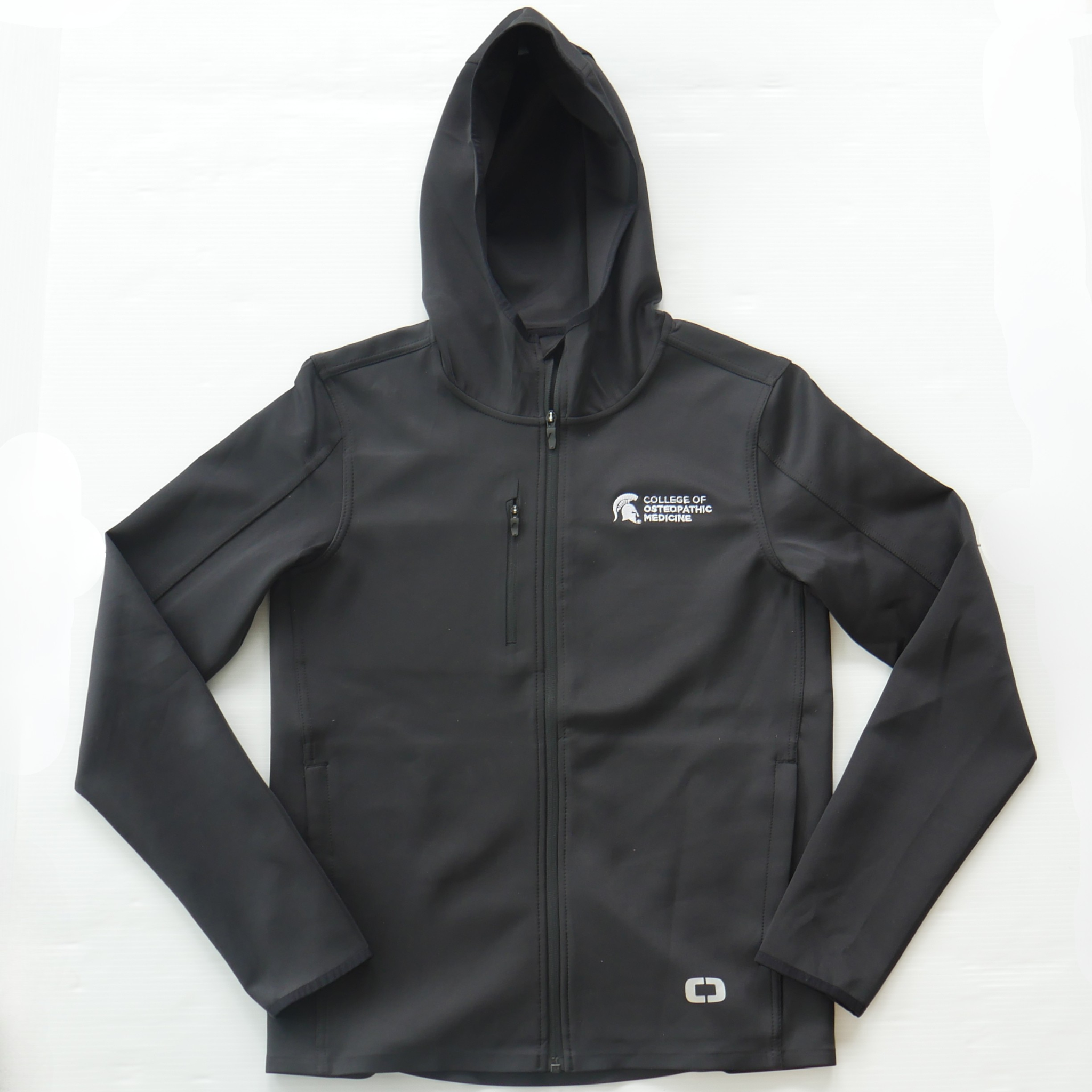 A black full-zip jacket embroidered with MSU College of Osteopathic Medicine logo in white on left side front. 