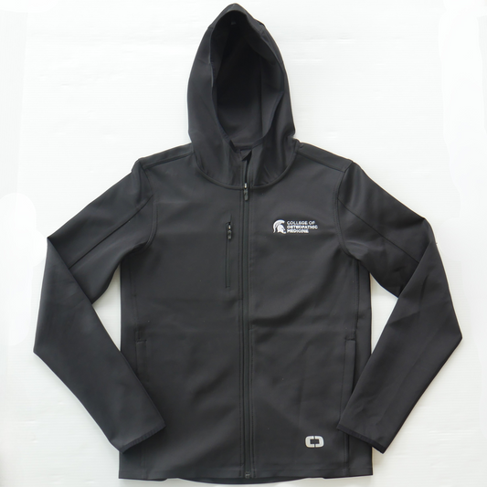 A black full-zip jacket embroidered with MSU College of Osteopathic Medicine logo in white on the left upper chest, featuring a full-length zipper and a stand-up collar.
