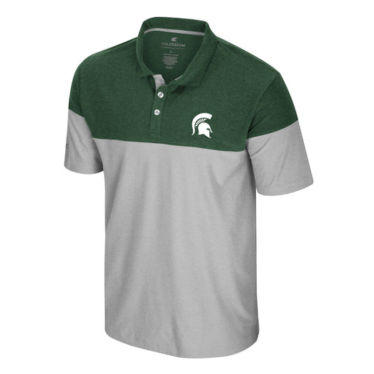 Two-tone polo shirt with dark green upper section and light gray lower section, featuring a three-button placket and a white Spartan helmet emblem on the left chest.
