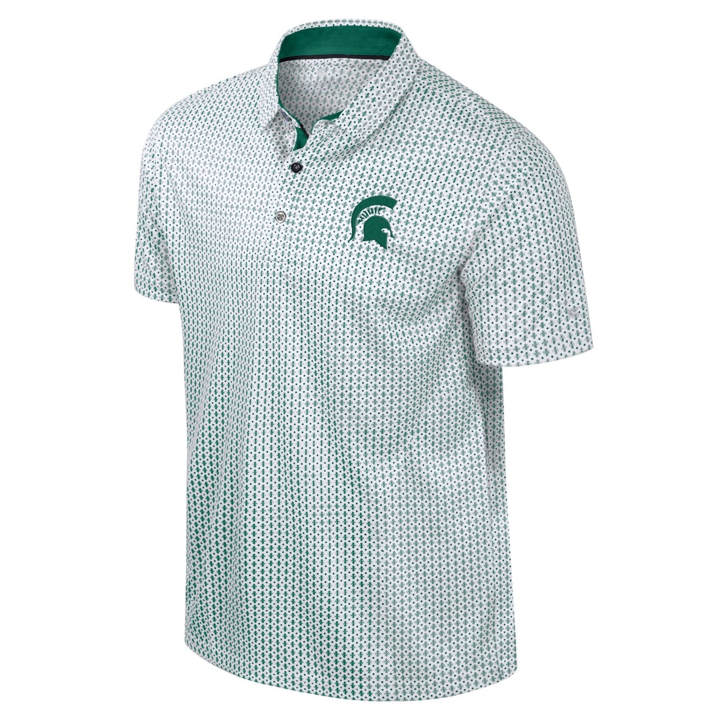 White polo shirt with a green repeating pattern, featuring a collar, three-button placket, and a green Spartan helmet emblem on the left chest. 