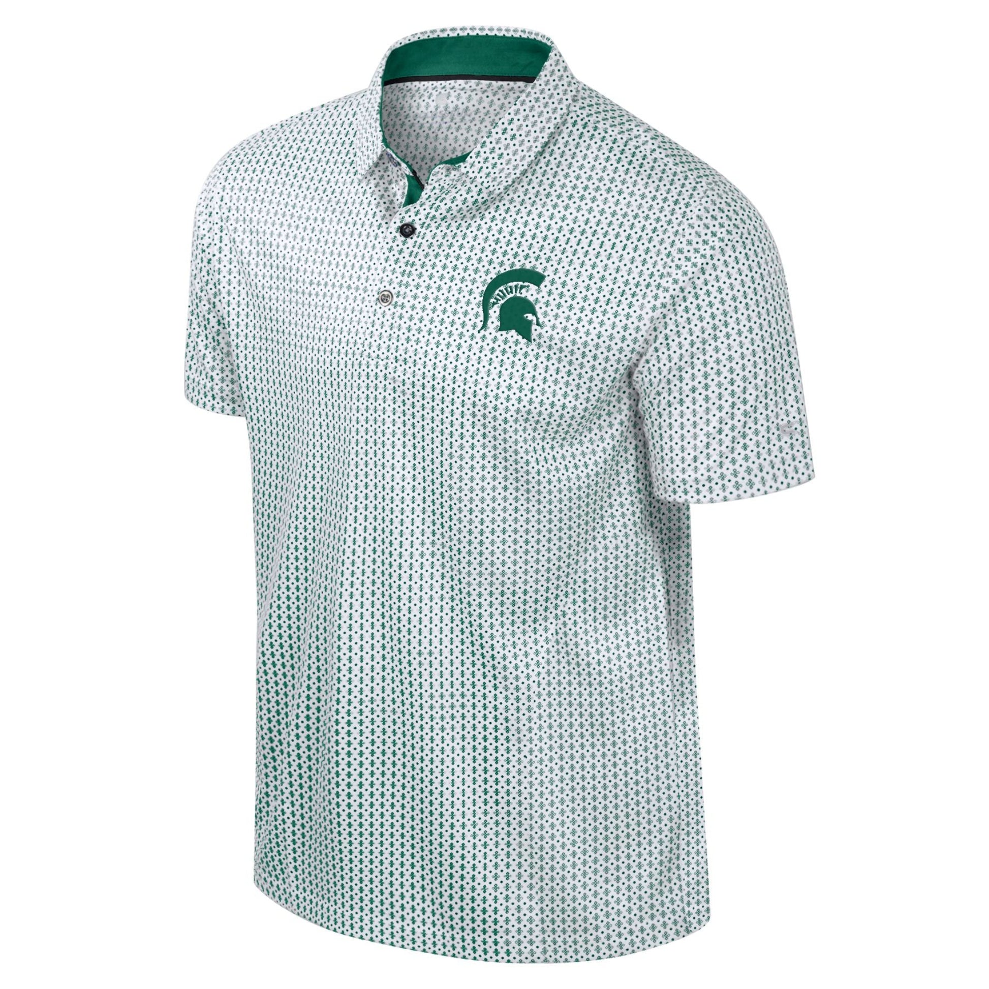 White polo shirt with a green repeating pattern, featuring a collar, three-button placket, and a green Spartan helmet emblem on the left chest. 