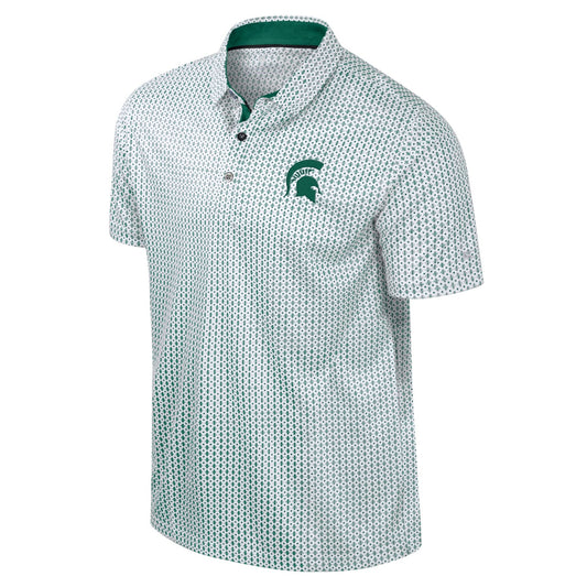 White polo shirt with a green repeating pattern, featuring a collar, three-button placket, and a green Spartan helmet emblem on the left chest. 