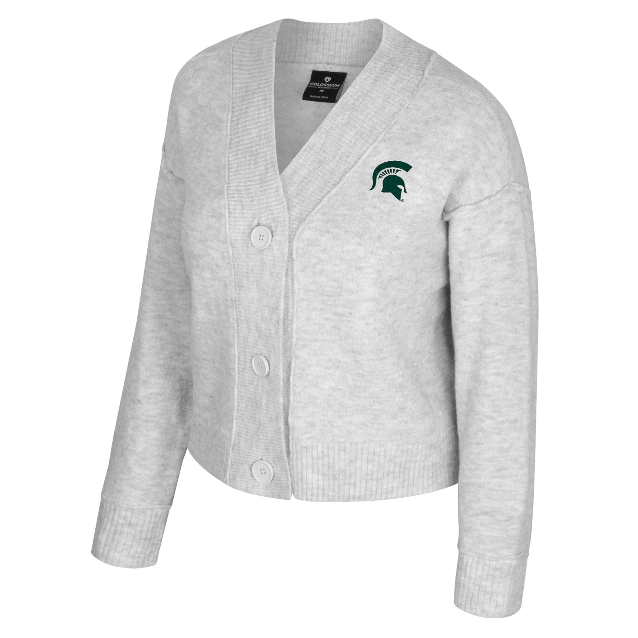 Gray knit cardigan with a green embroidered Spartan helmet on the left upper chest. 