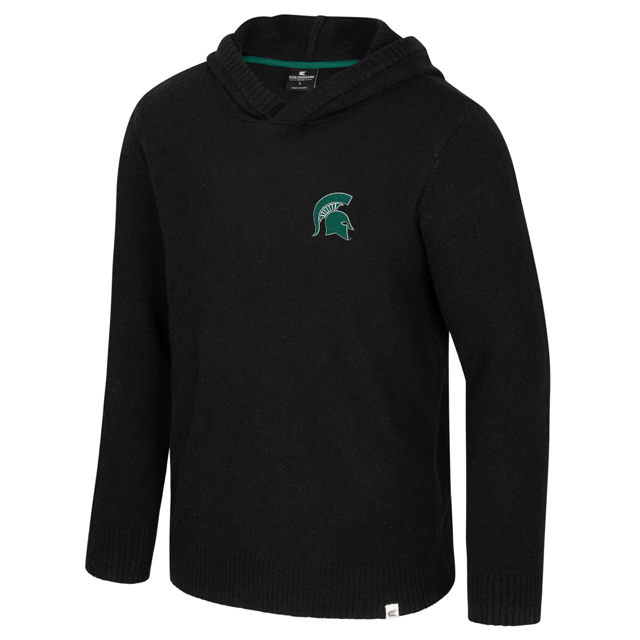Premium knit black hoodie with a green embroidered Spartan helmet logo on the  left upper chest. 