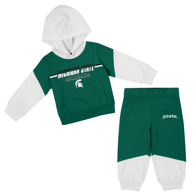 Infant outfit with green and white hoodie and pants, featuring Michigan State logos and text.