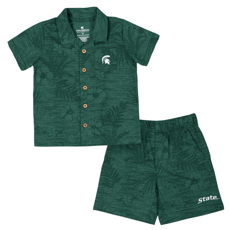 Green button-up shirt and shorts set with leaf pattern, Spartan helmet logo, 'State' text, and wooden buttons.