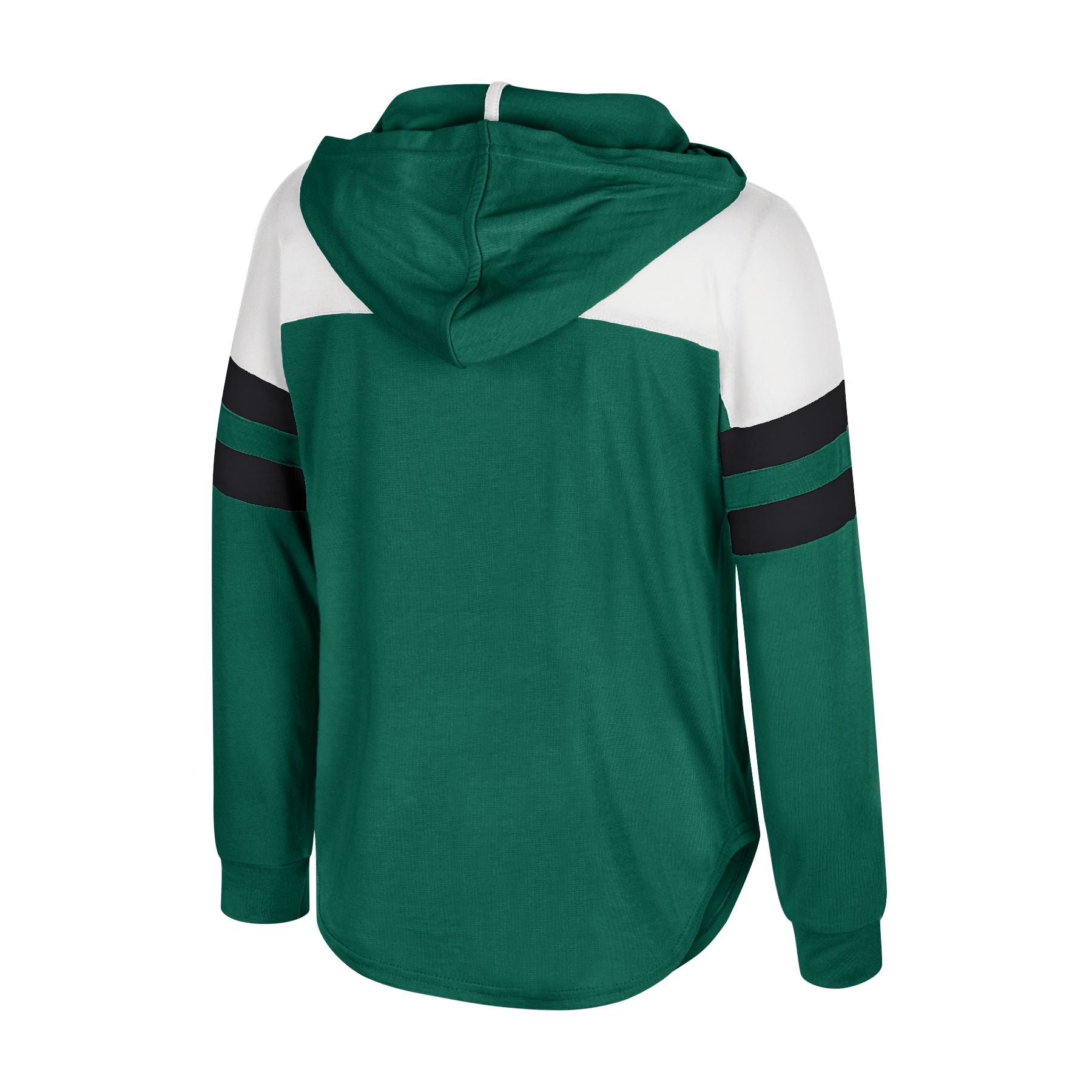Back of a green, white, and black hoodie.