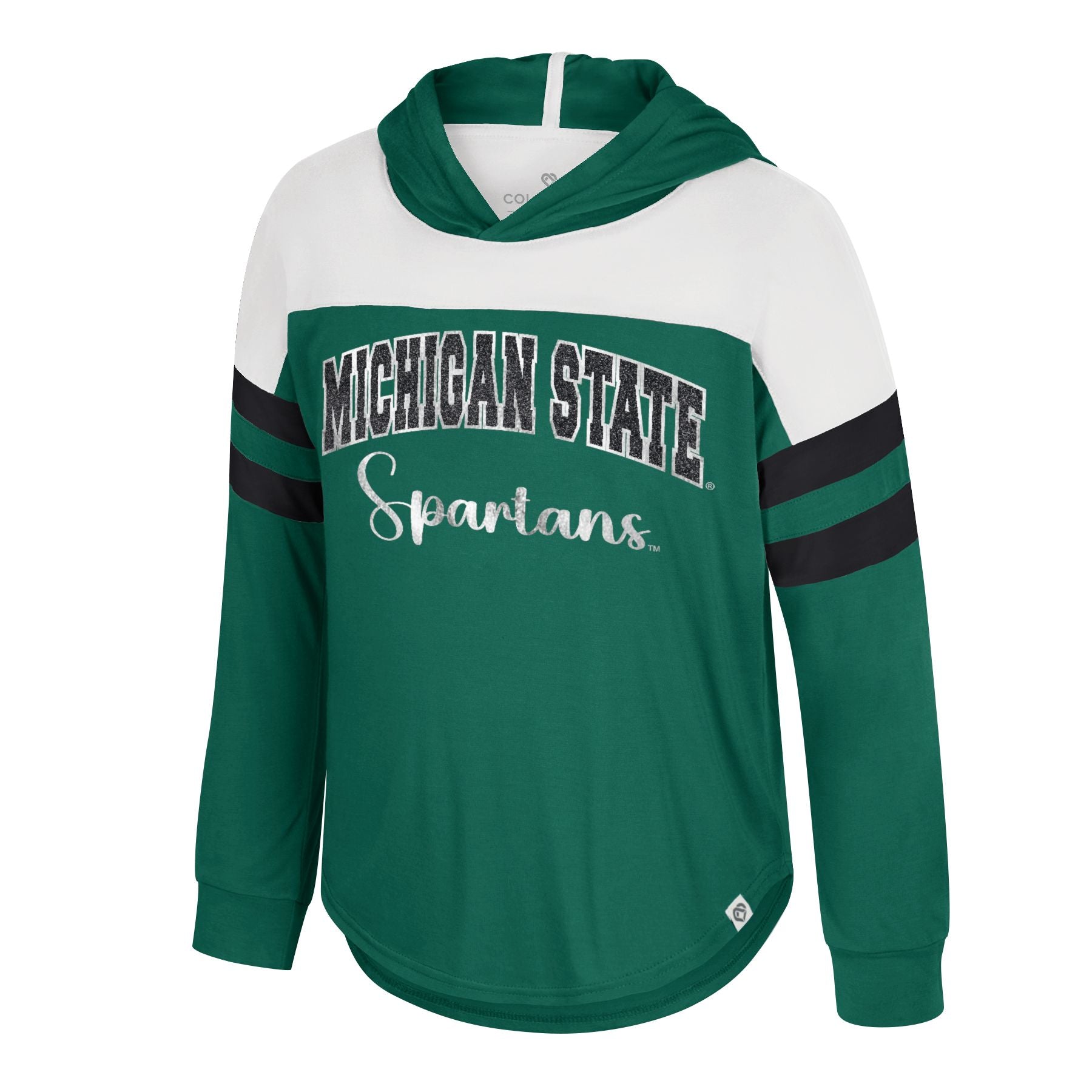 Green and white hoodie with bold 'MICHIGAN STATE' text and 'Spartans' in script.