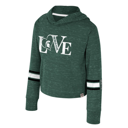 Green hoodie with 'LOVE' text, Spartan helmet heart, and 'SPARTANS' on striped sleeve.
