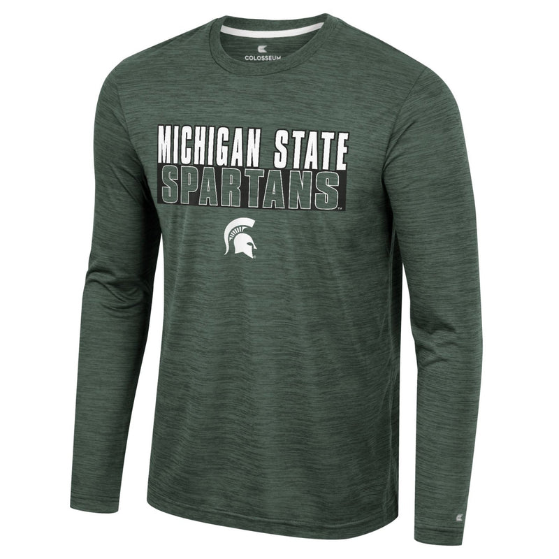 A heathered green long sleeve t-shirt that reads "Michigan State Spartans" on the chest above a white Spartan helmet logo.