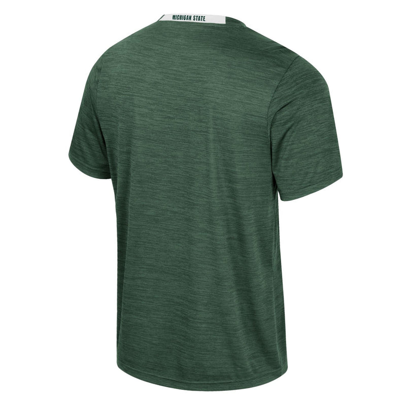 The back of a heathered green short sleeved t-shirt with white on the collar and the words 'MICHIGAN STATE' in green.