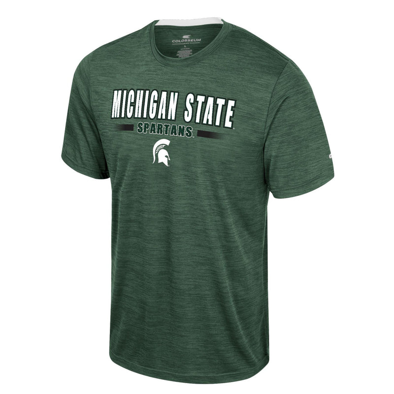 A heathered green short sleeved t-shirt with "Michigan State Spartans" on the chest in green and white above a white Spartan helmet logo.