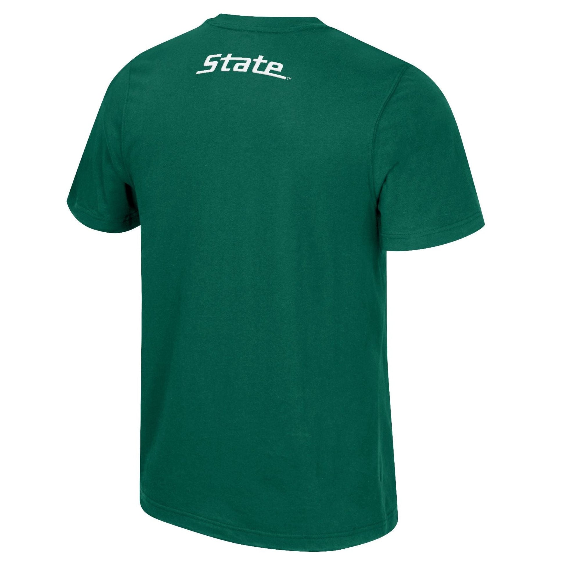 The back of a green short sleeved T-shirt with the word "State" in white near the top.