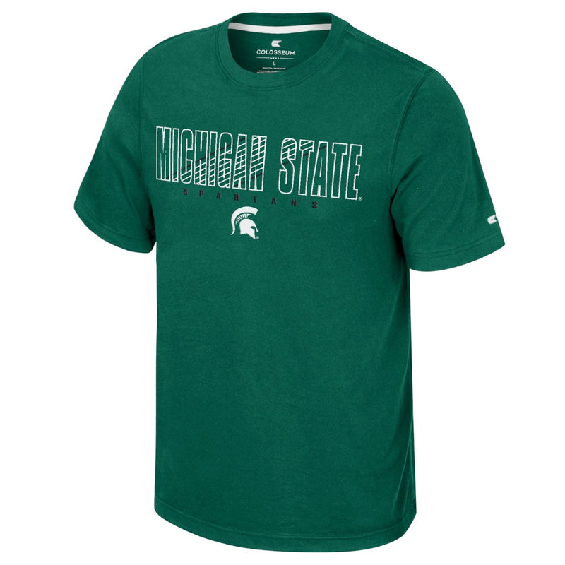 A green short sleeved t-shirt with "Michigan State Spartans" on the chest in a white with black and white stripes. Below the text is a white Spartan helmet logo.