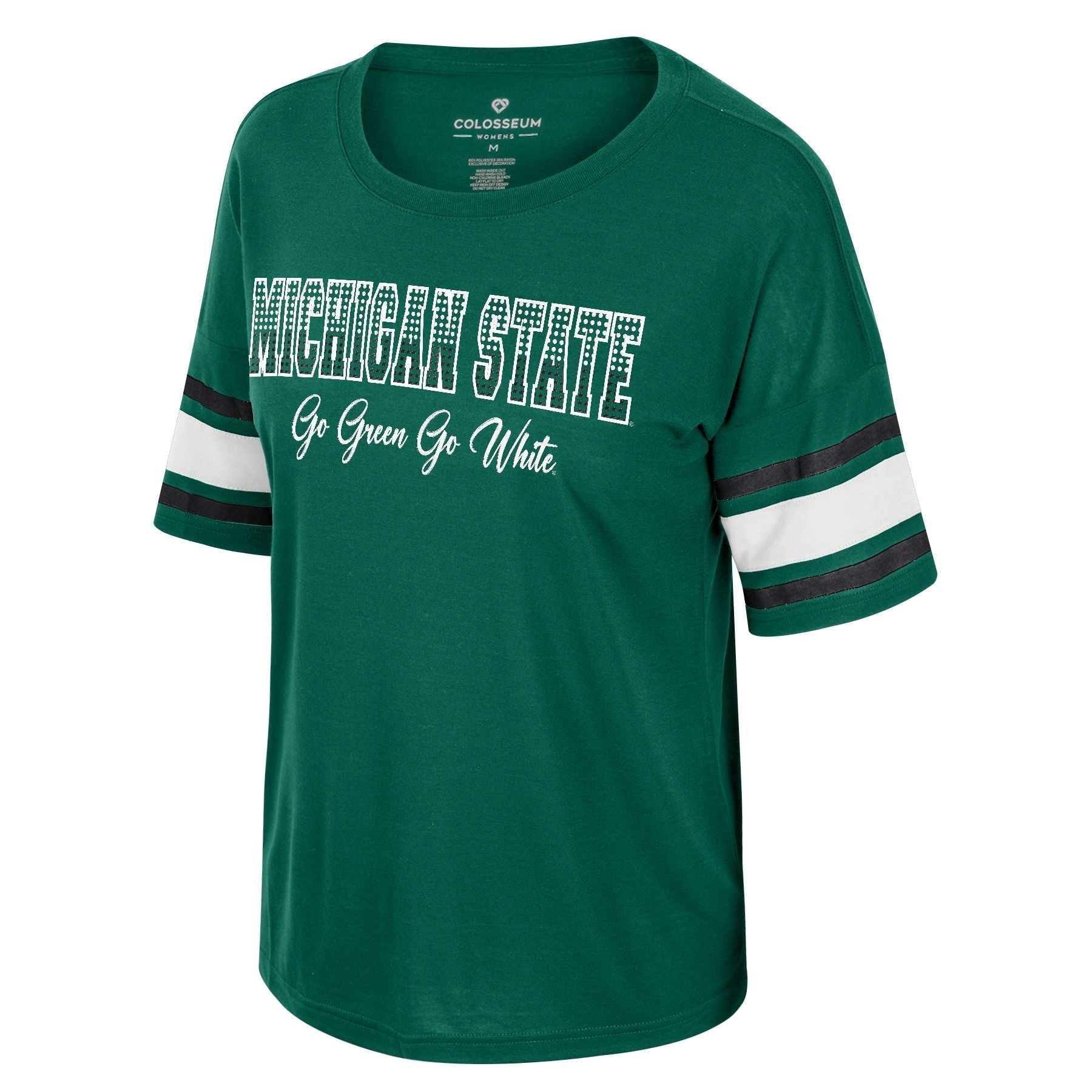 A green T-shirt with the words "Michigan State, Go Green Go White" in rhinestones. On the sleeves are white and black bands.