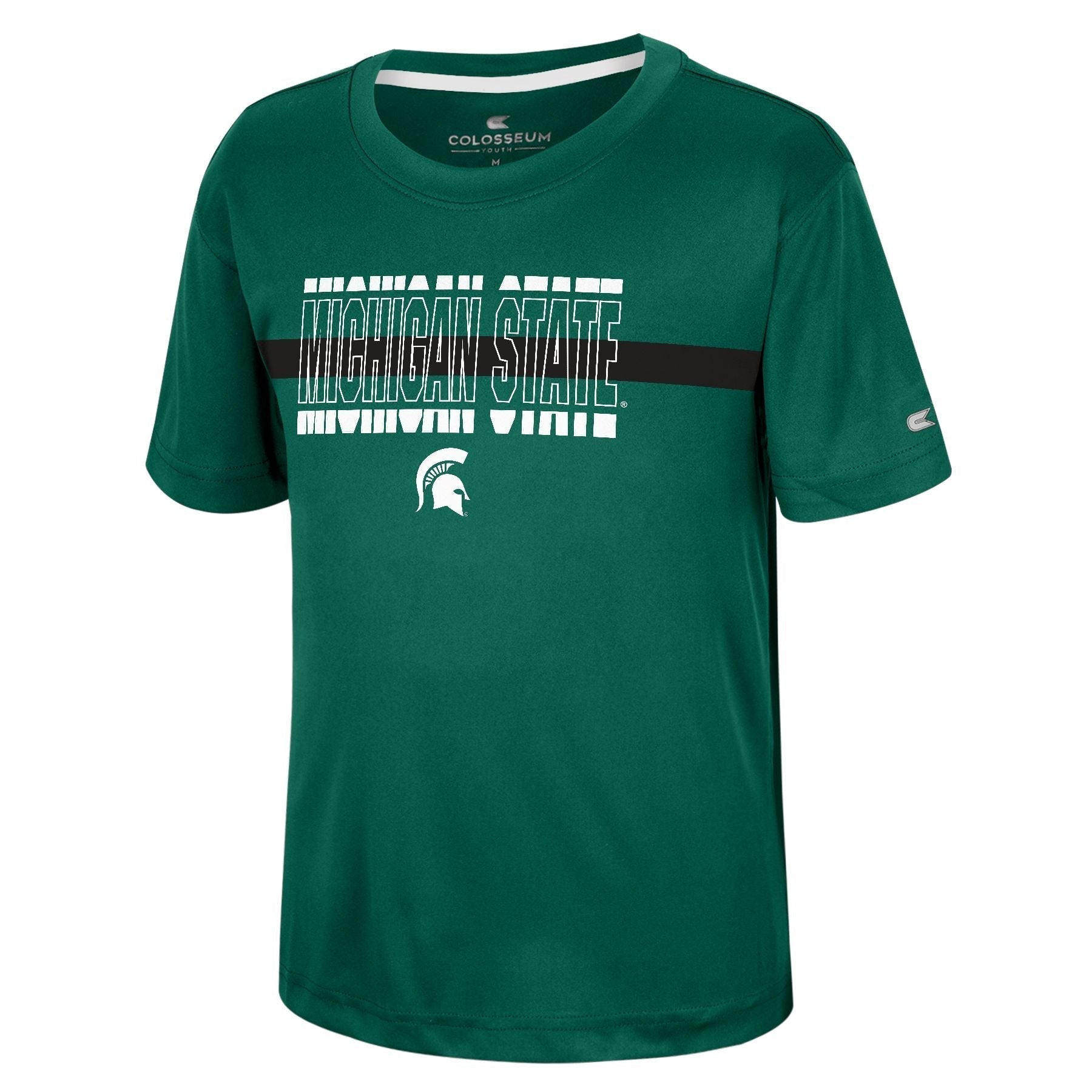 A green t-shirt with a black stripe across the chest and "Michigan State" written in white block letters. Below is a Spartan helmet logo.