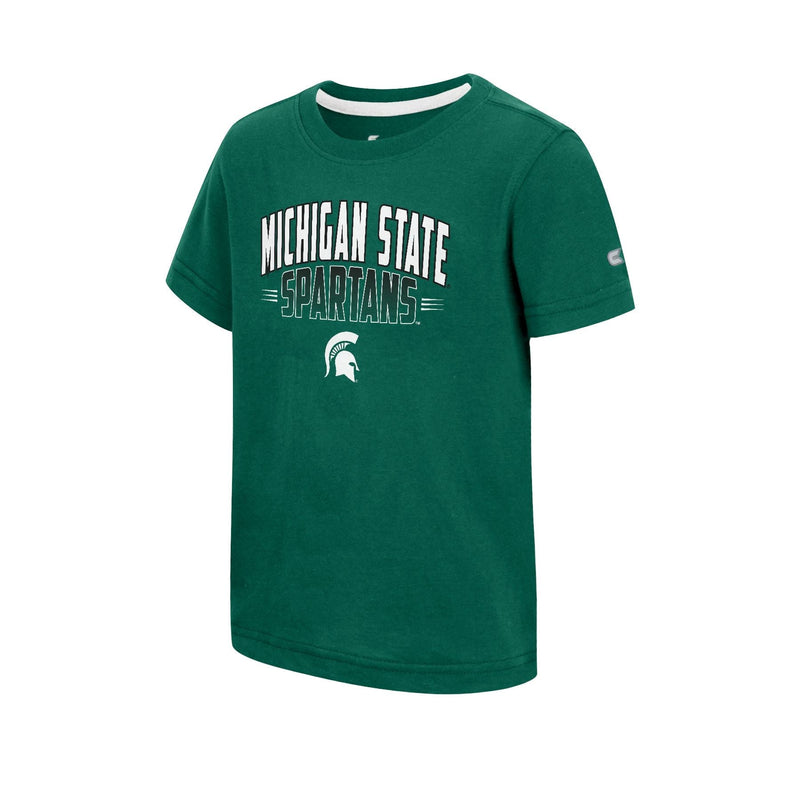 A green t-shirt with "Michigan State" in white and "Spartans" in black-to-green ombre. Below is a white Spartan helmet logo.