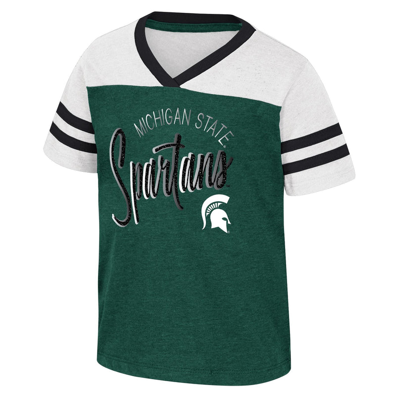 Green and white V-neck T-shirt with 'MICHIGAN STATE Spartans' text and helmet logo.