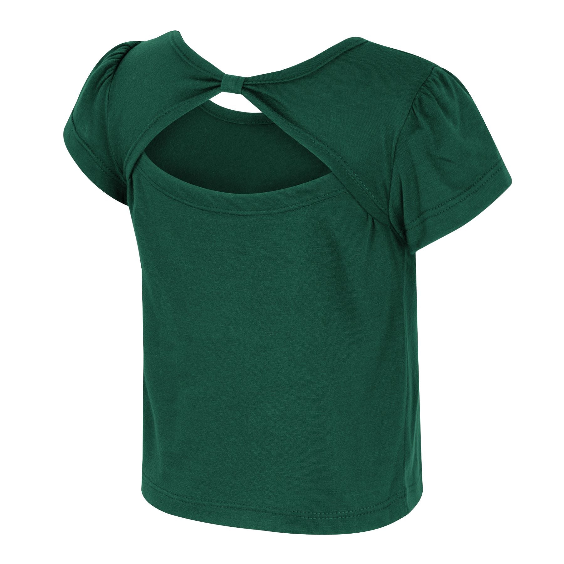 Green short-sleeve shirt with puffed sleeves and a keyhole back design formed by overlapping fabric panels connected at the top center.