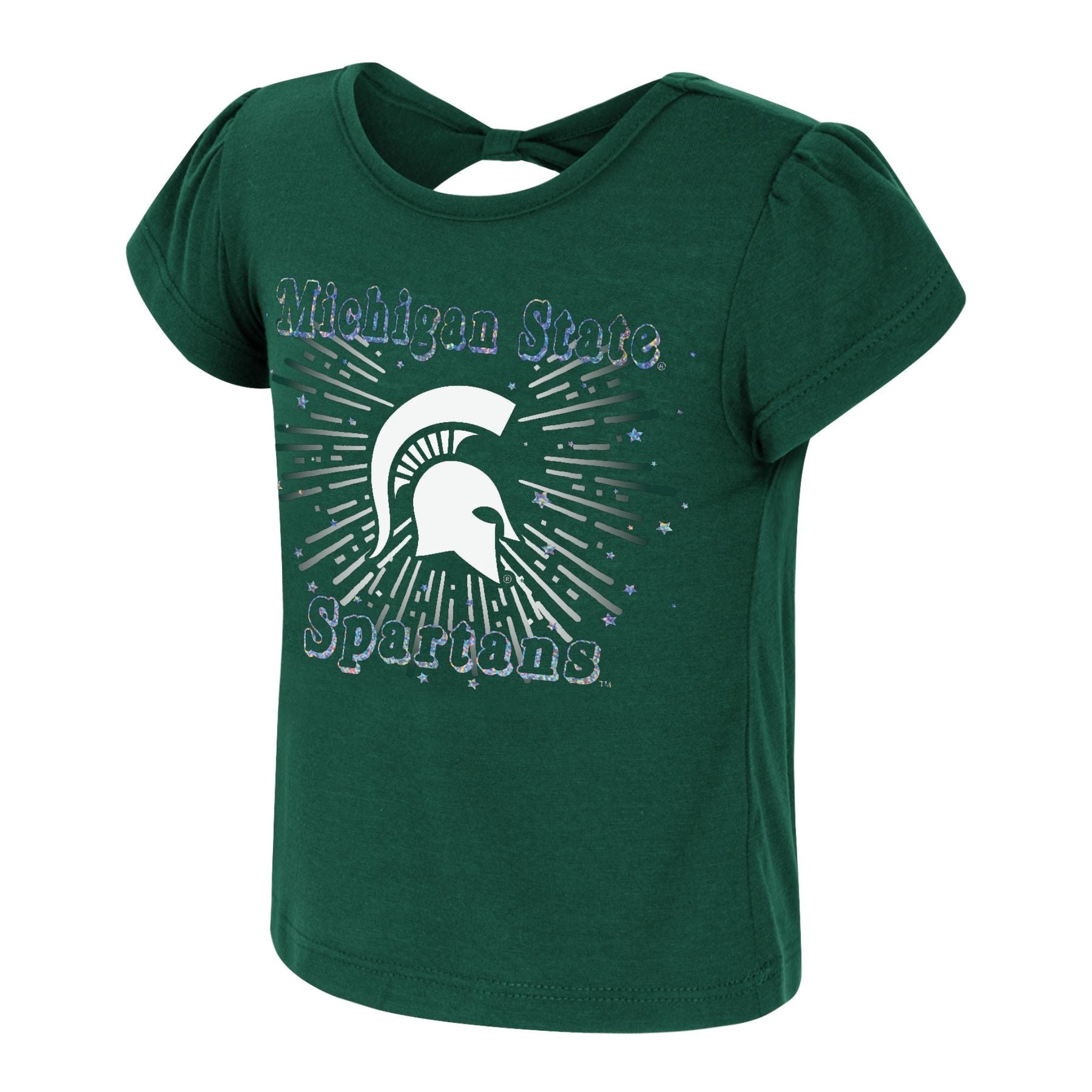 Green short-sleeve t-shirt with 'Michigan State Spartans' in glittery text and a large Spartan helmet graphic on the front, surrounded by radiating lines and small stars.