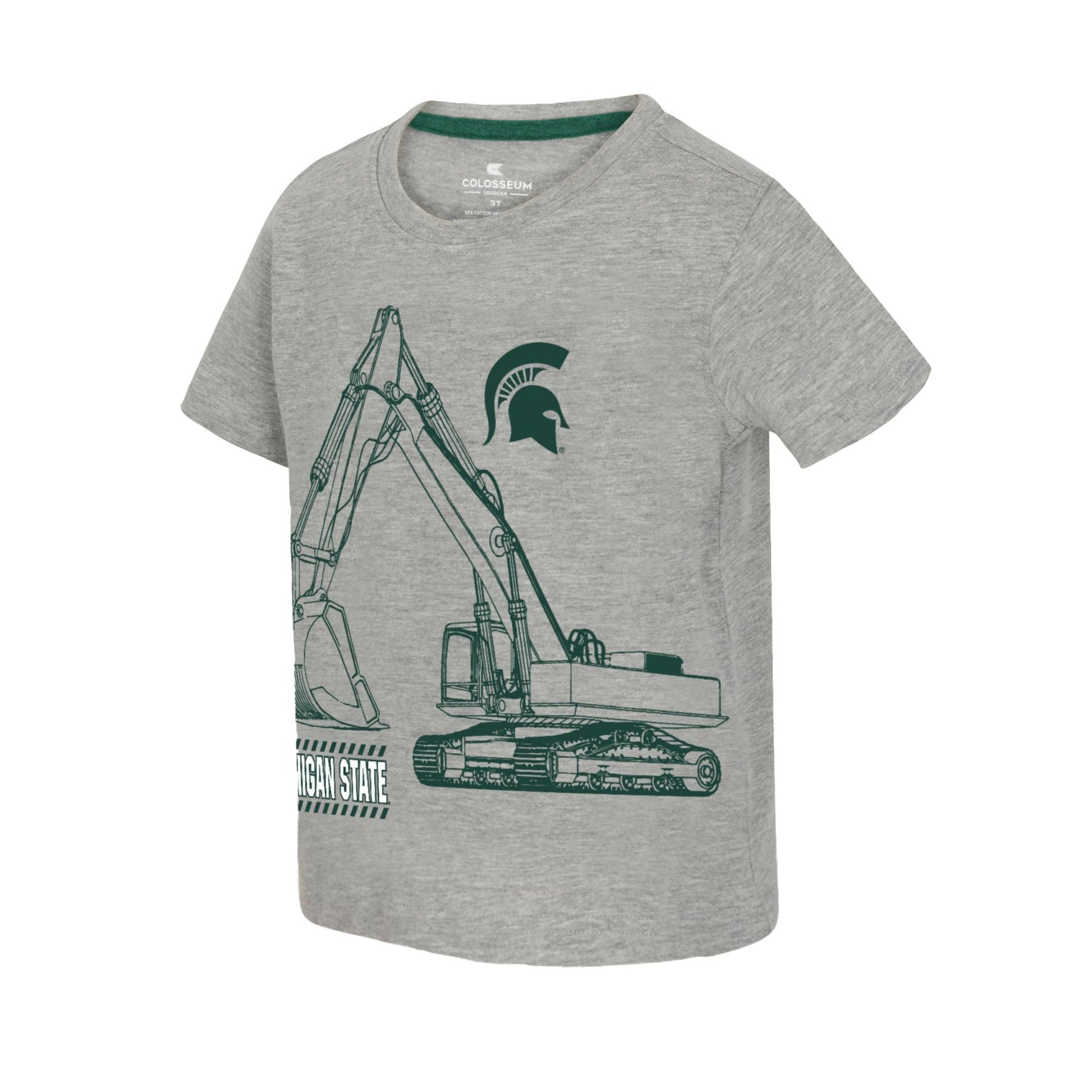 Gray t-shirt featuring a graphic of an excavator alongside the Michigan State University logo, with the text 'MICHIGAN STATE' printed below.