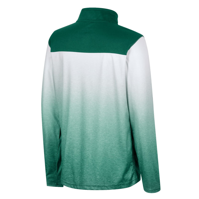 Back of a White-to-green gradient quarter-zip pullover.