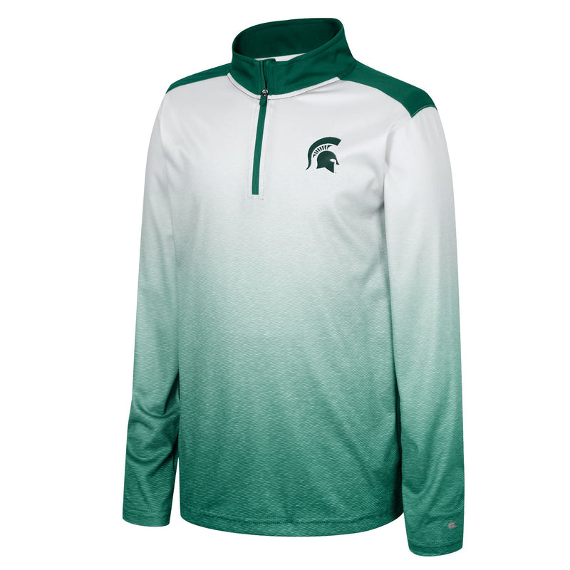 White-to-green gradient quarter-zip pullover with Spartan helmet logo on chest.