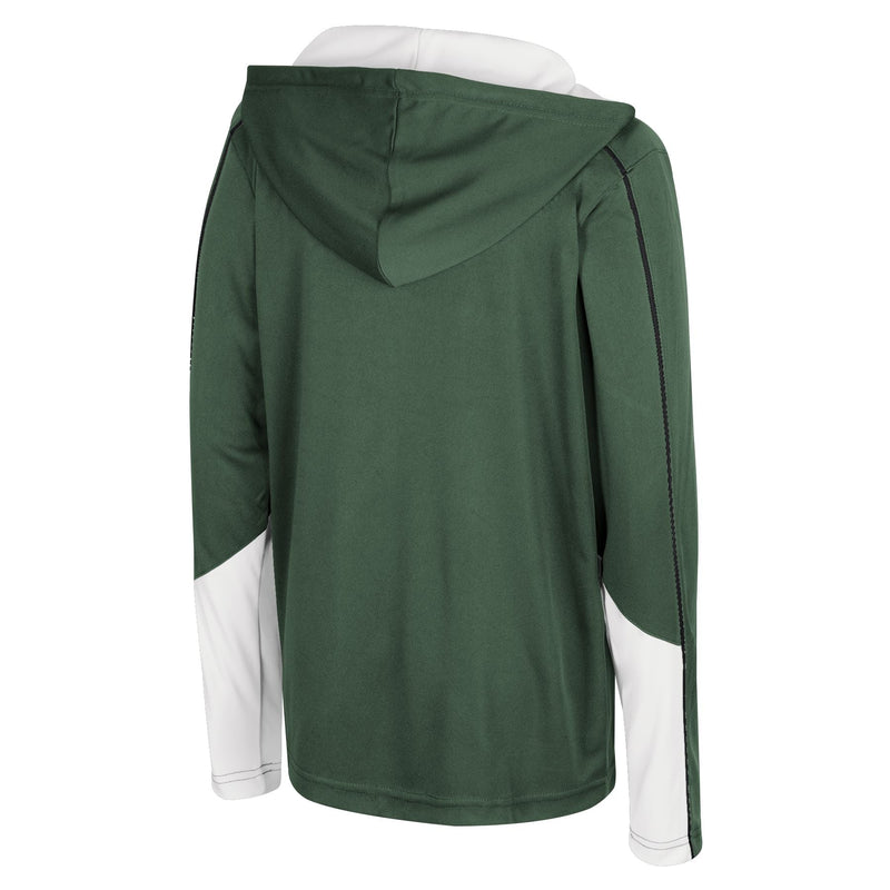 Back of a green and white quarter-zip hoodie with Spartan helmet logo and 'MICHIGAN STATE' on sleeve.