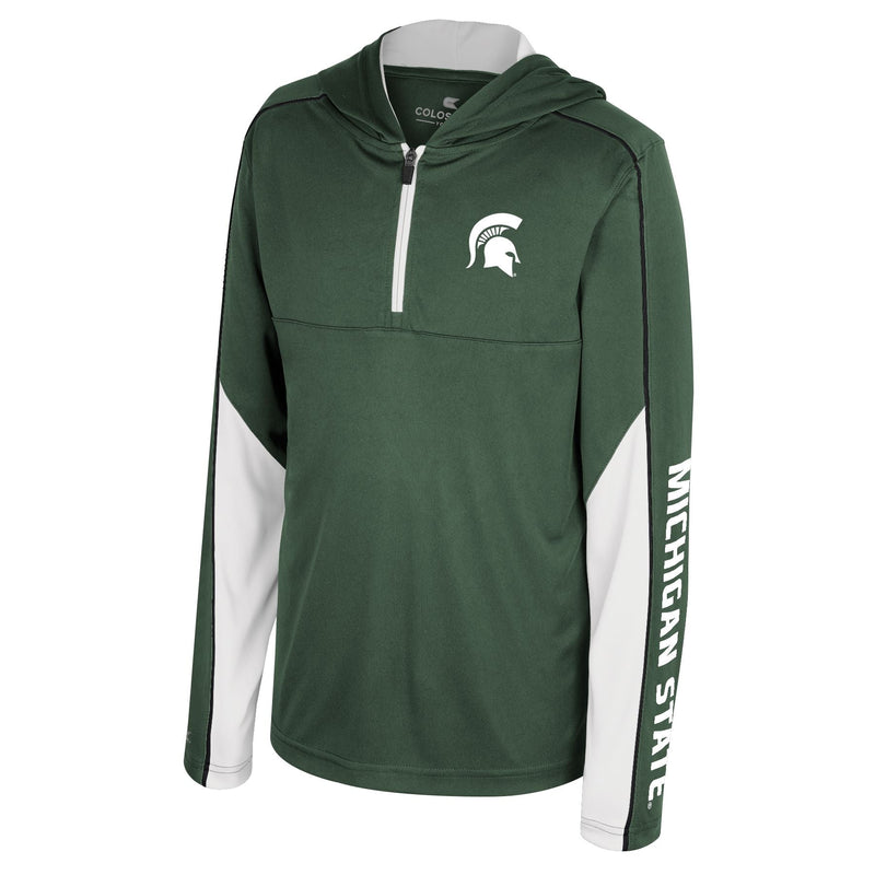 Green and white quarter-zip hoodie with Spartan helmet logo and 'MICHIGAN STATE' on sleeve.