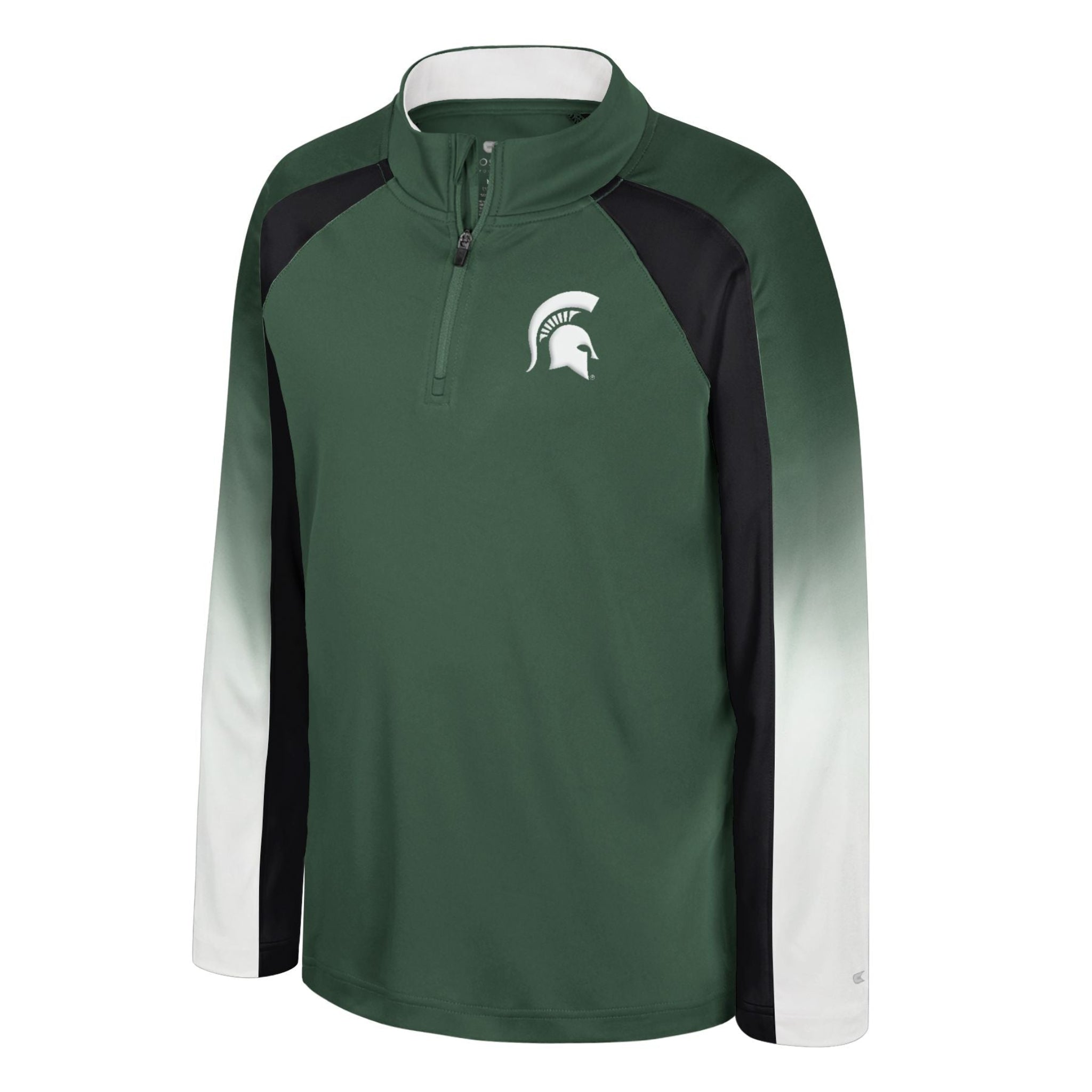 Long-sleeve, quarter-zip pullover with a green body and black-to-white gradient sleeves, featuring the Michigan State Spartans logo on the left chest.