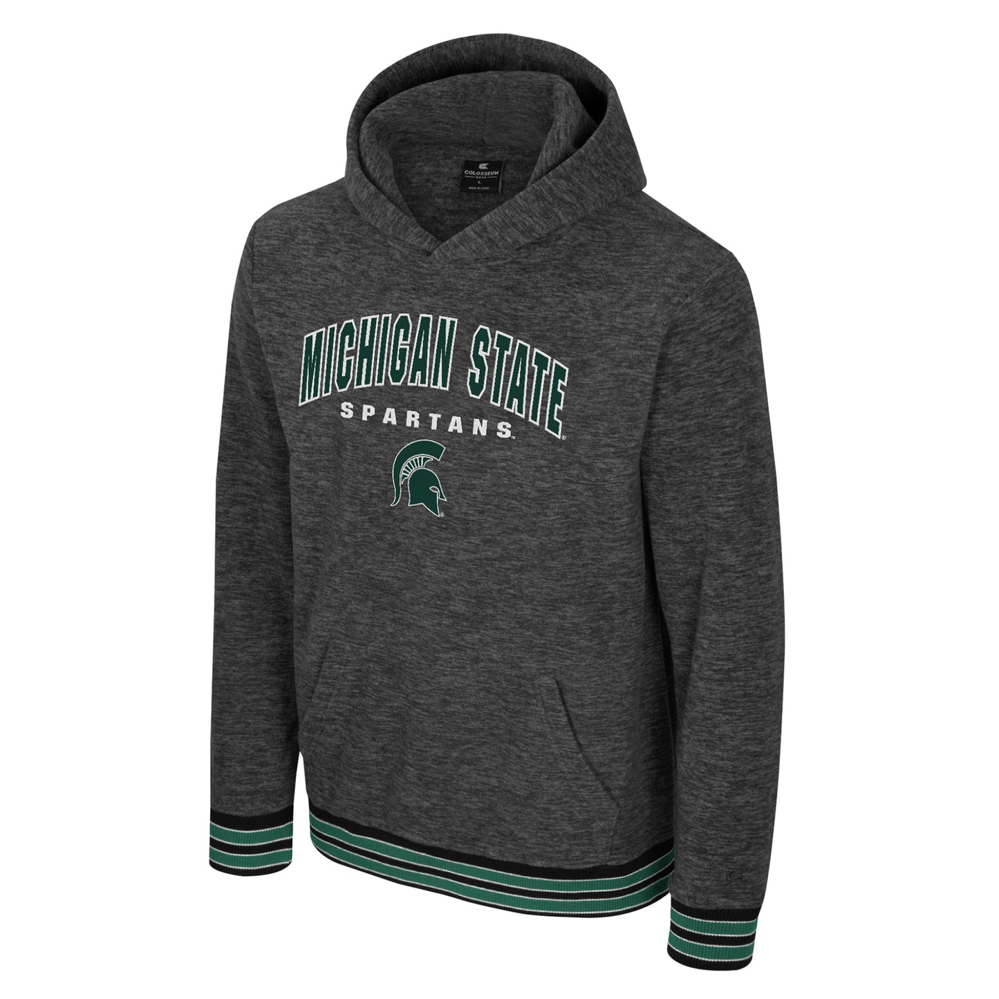 Gray hoodie with "Michigan State Spartans" wordmark on the center chest and a green Spartan Helmet logo below. Green and black stripped banding on sleeves and bottom.