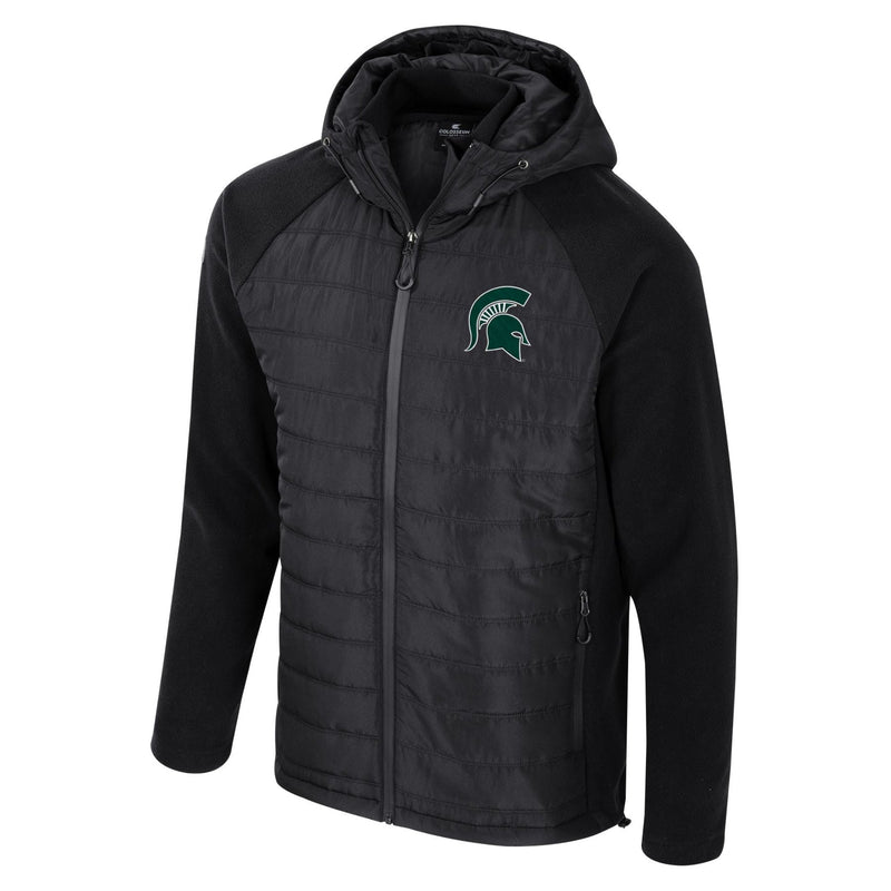 A black full-zip jacket with a Spartan helmet logo in the upper left chest.