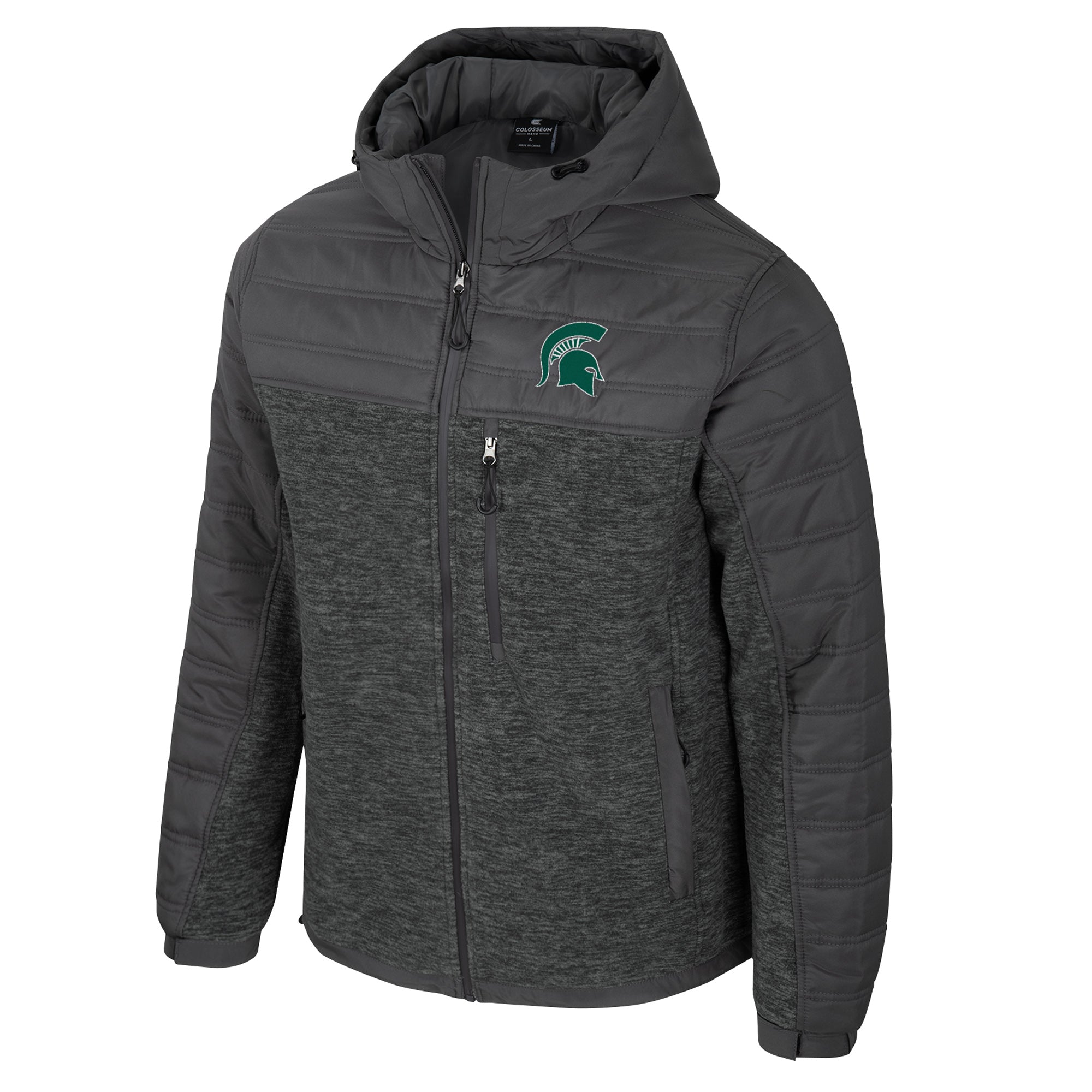 Gray full-zip hooded insulated jacket with a zipper pocket on the left chest, two pockets at the bottom on either side, and a green embroidered Spartan helmet logo on the left upper chest. 