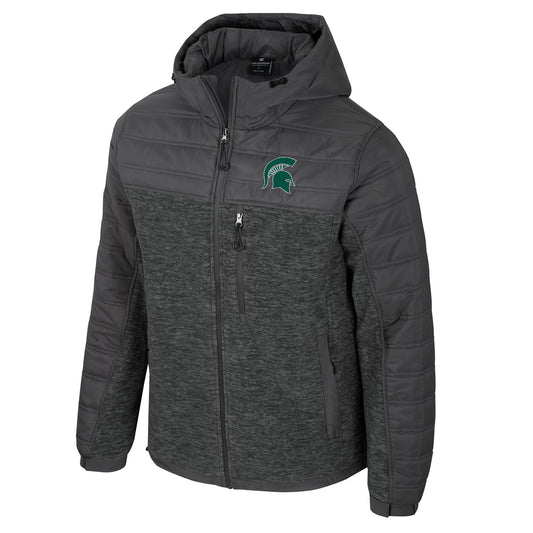 Gray full-zip hooded insulated jacket with a zipper pocket on the left chest, two pockets at the bottom on either side, and a green embroidered Spartan Helmet logo on the left upper chest. 