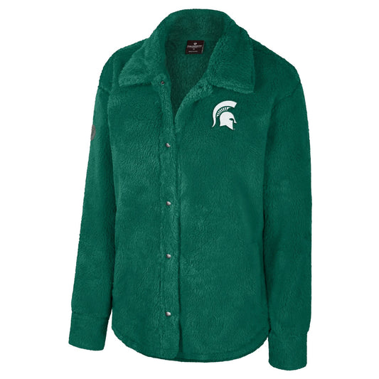 A green sherpa button-up with an embroidered white Spartan Helmet logo in the upper left chest.