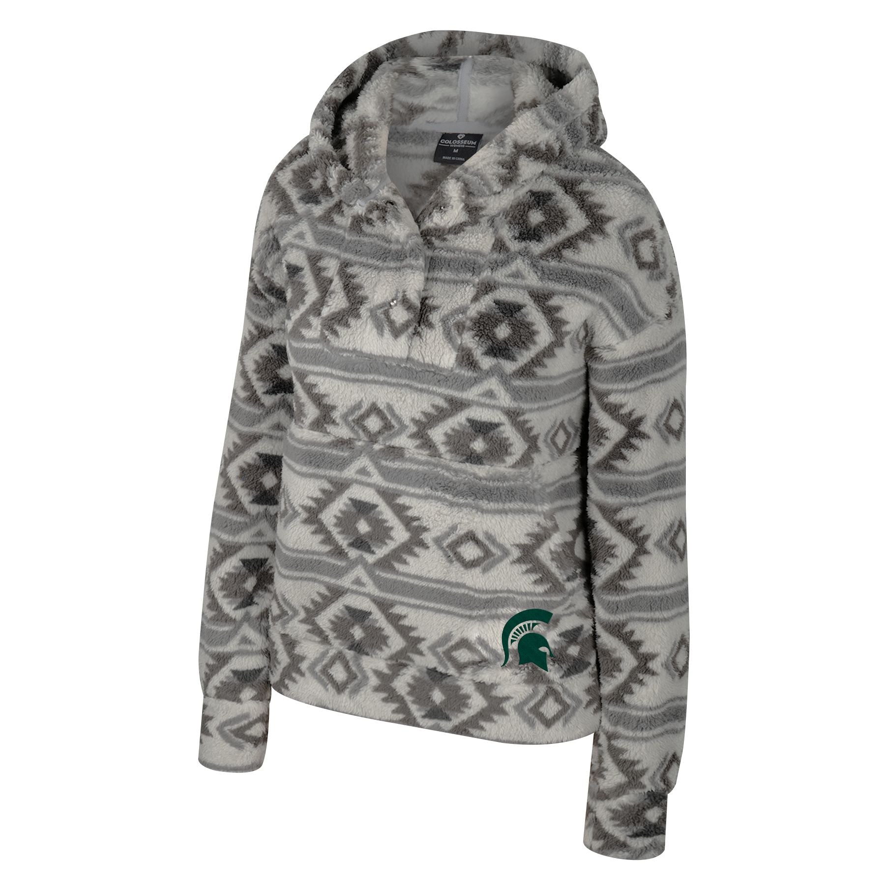 A gray southwest print jacket with a quarter-button closure. In the lower left corner is a green Spartan Helmet logo.