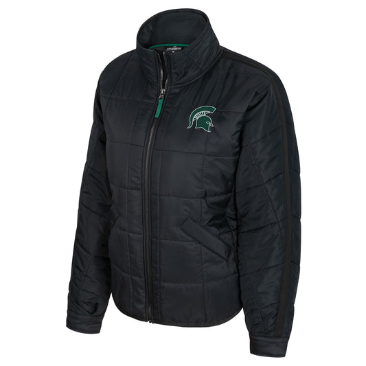 Black quilted puffer full-zip jacket with standing collar and a green embroidered Spartan Helmet logo on the left upper chest. Front slanted pockets at the bottom of the jacket. 